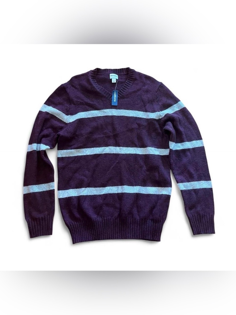 Old Navy Men’s Purple V-Neck Sweater with Gray Stripes